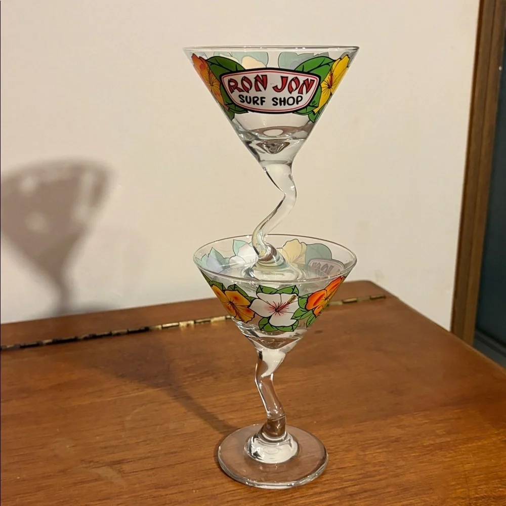 Y2K Era Ron Jon Surf Shop Retro Bent Stem Martini Glass 2 Matching Hibiscus Cute